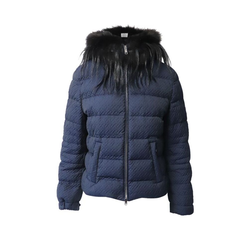 Prada Padded Jacket with Fur Collar in Navy Blue Polyester